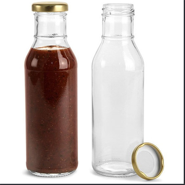 12 oz Clear Glass Barbeque Sauce Bottles w/ Gold Metal Lug Caps