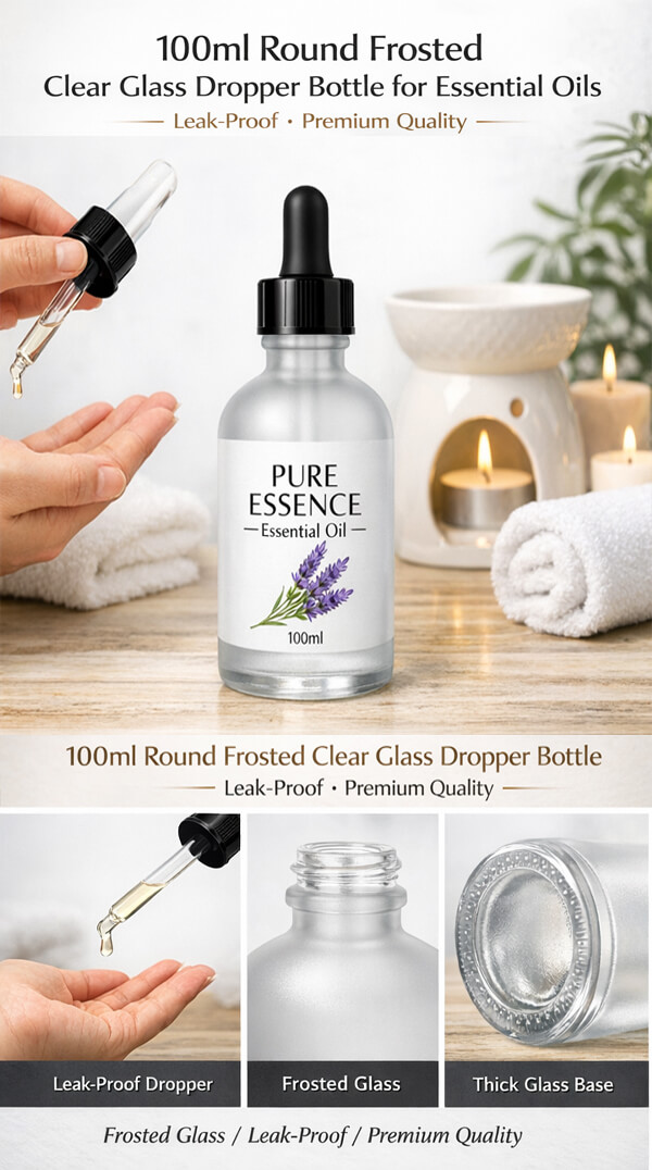 100ml Round Frosted Clear Glass Dropper Bottle Essential Oil