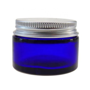 blue glass jar with metal lid