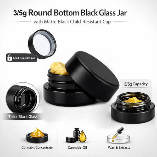 5g Round Bottom Black Glass Jar with Child Resistant Lid-1 (1)