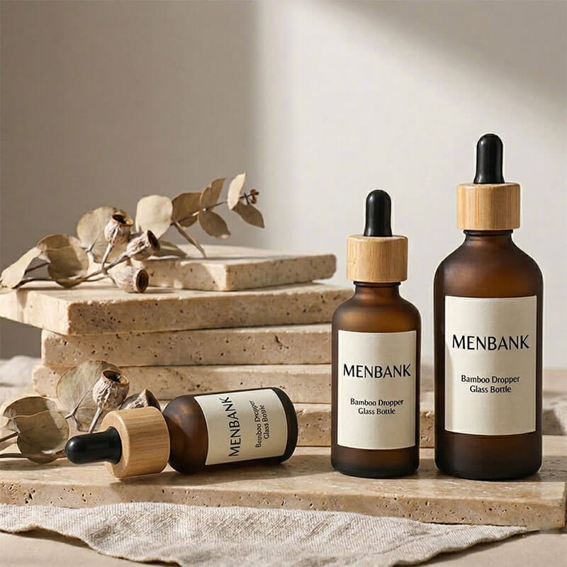 5ml 10ml 15ml 20ml 30ml 50ml 100ml Amber Frosted Glass Dropper Bottles with Bamboo Lid (2)