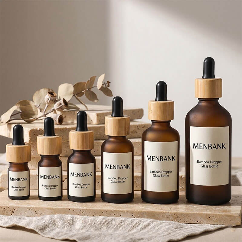 5ml 10ml 15ml 20ml 30ml 50ml 100ml Amber Frosted Glass Dropper Bottles with Bamboo Lid (4)