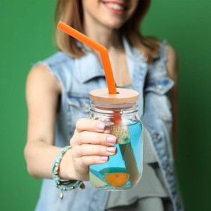 16OZ Glass Drinking Mason Jar with Wooden Lid with Hole and Straw