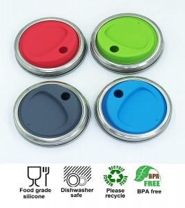 Silicone Round Sip Straw Coffee Juice Drinking Lid Kit with Stainless Steel Rings for Mason Jar