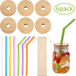 16OZ Glass Drinking Mason Jar with Wooden Lid with Hole and Straw