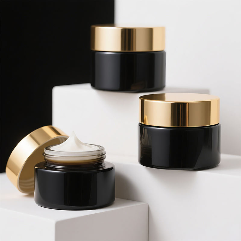 Black Glass Cream Jar with Gold Lid (2)