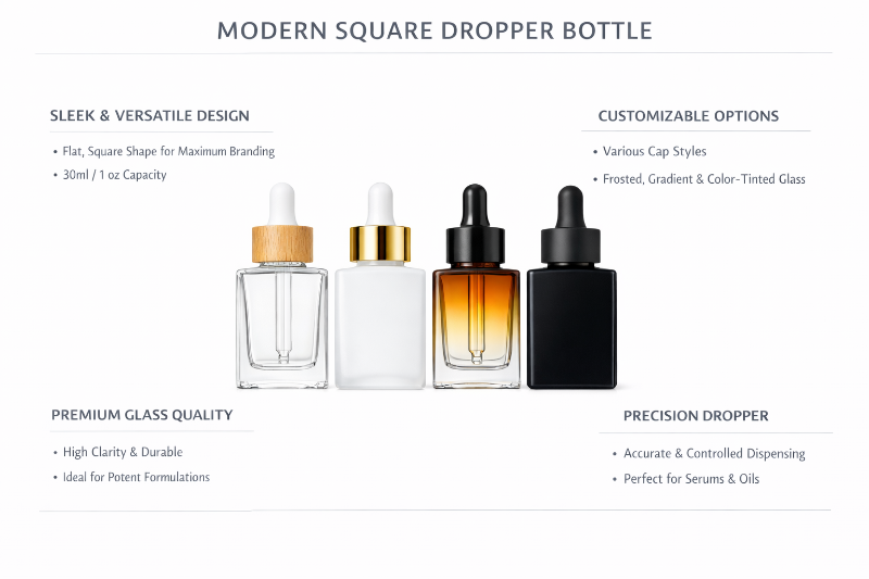 30ml Flat Square Essential Oil Glass Bottle with Dropper