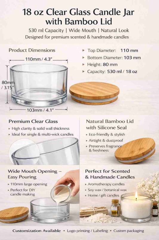 18 oz Clear Empty Scented Candle Jars with Bamboo Lid 