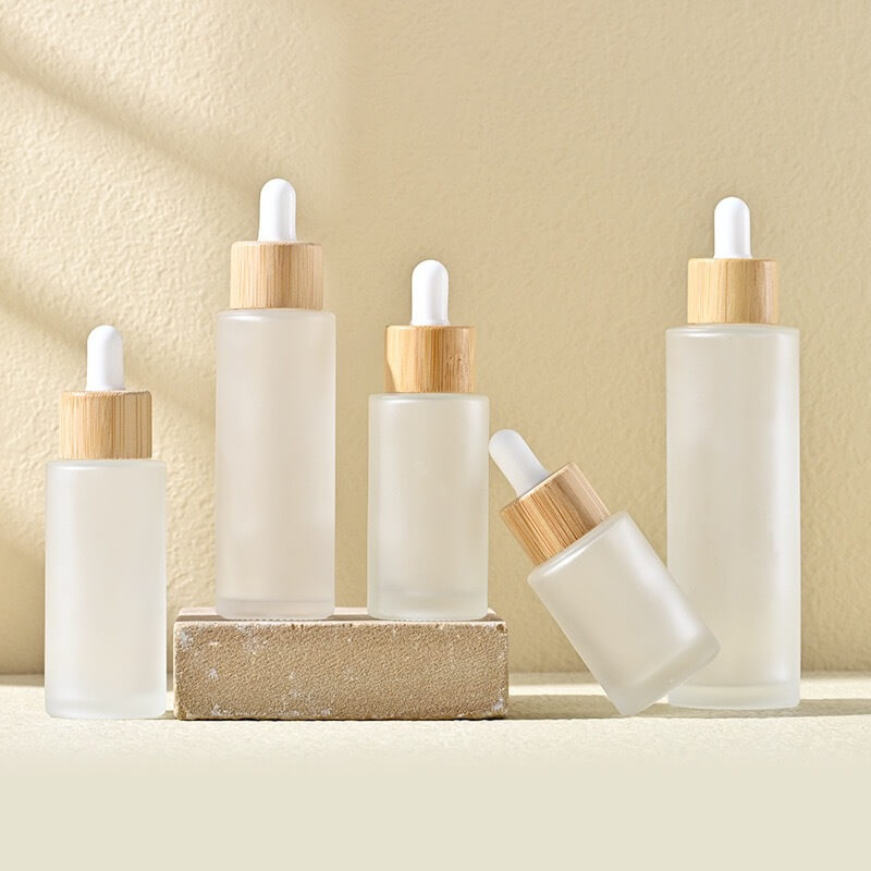 Matte Frosted Glass Dropper Bottles with Bamboo Lid or Plastic Cap