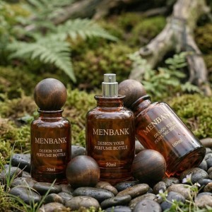 30ml 50ml 100ml Amber Round Perfume Bottle with Wooden Ball Cap | Natural Luxury Fragrance Packaging