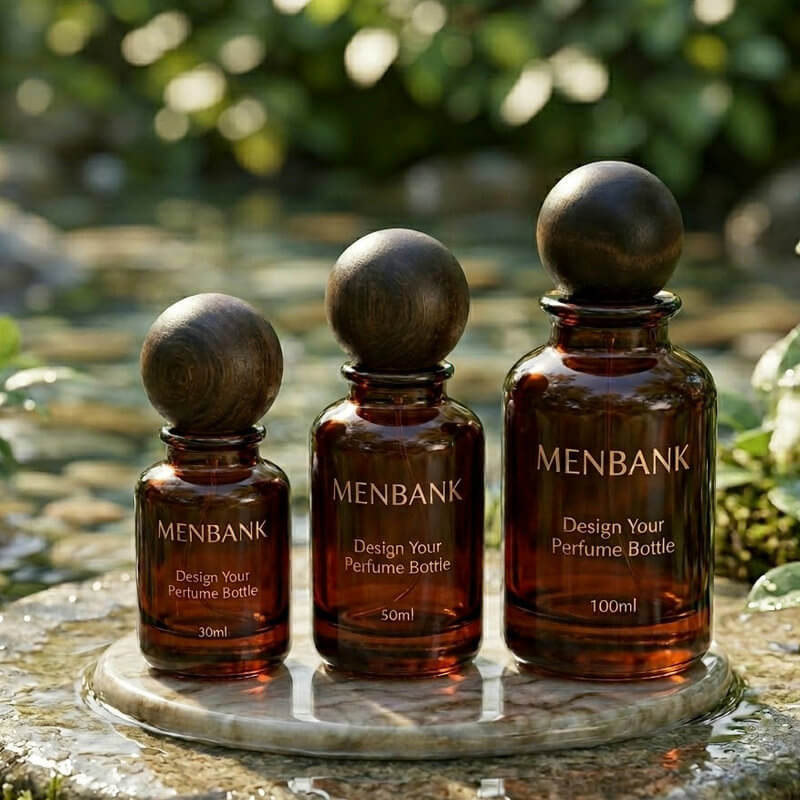 30ml 50ml 100ml Amber Round Perfume Bottle with Wooden Ball Cap