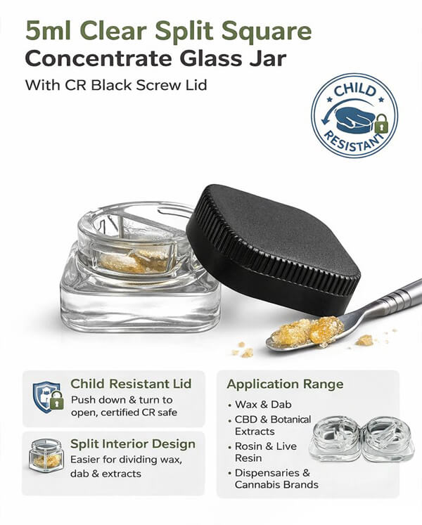 5ml Clear Split Square Concentrate Glass Jar with Black Screw Lid
